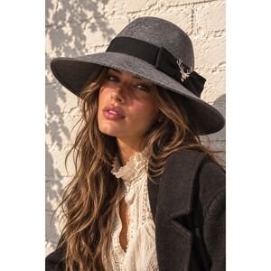 Gray Wool Felt Wide Brim Fedora Stag Pin Ribbon Trim